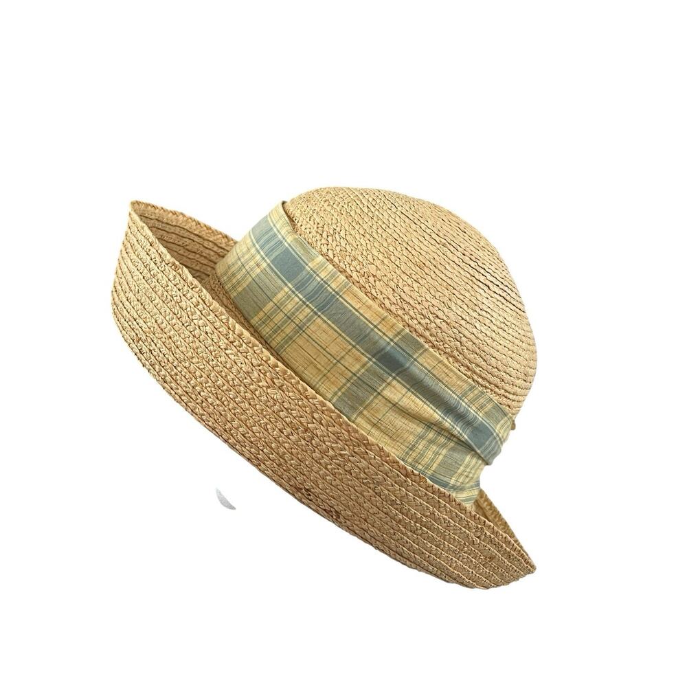 Woolrich Natural Straw Woven Sun Hat Size M Plaid Band Lightweight Coastal